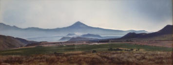 Popocatepetl al amanecer, temple sobre lino sobre madera, 30 x 104 cm